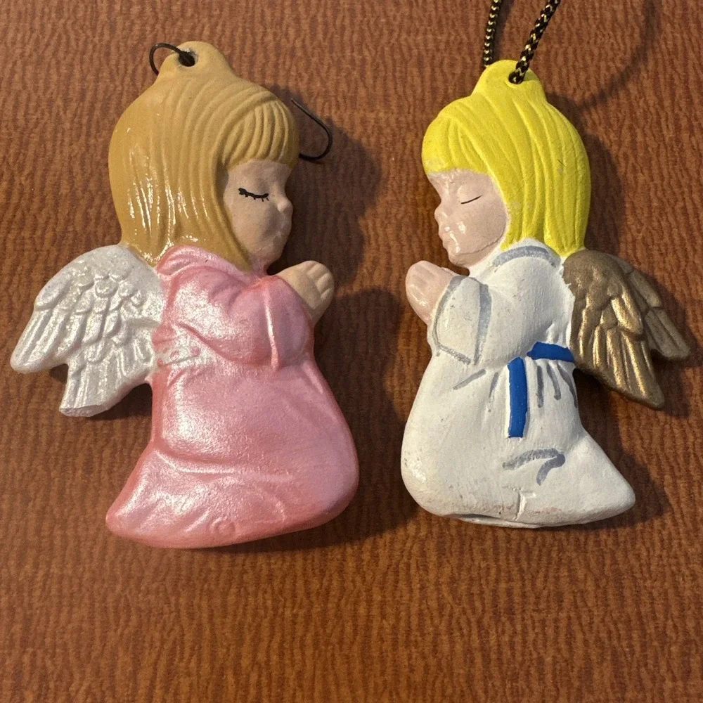 Vintage‎ Christmas Ornaments Girl Angels Hand Painted Ceramic Both Sides
